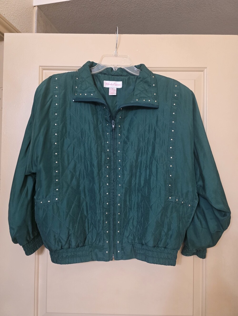 Vtg Rhoda Lynne Womens M Green Quilted Studded Bomber Jacket Full Zip Collared